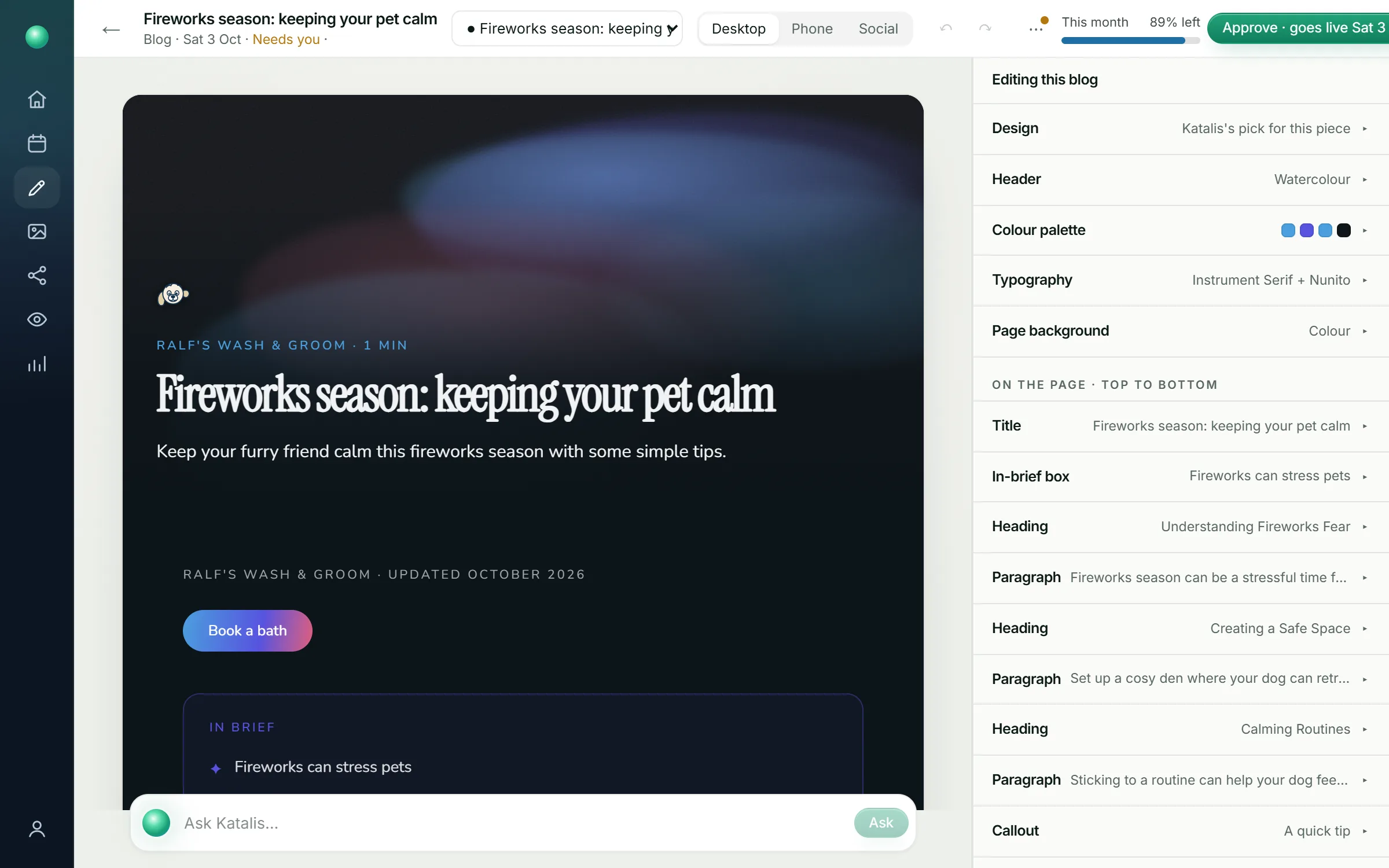 The Katalis Studio inside the members' app: a blog post designed in the business's brand in the middle, the editor on the right, and Katalis to ask at the bottom.